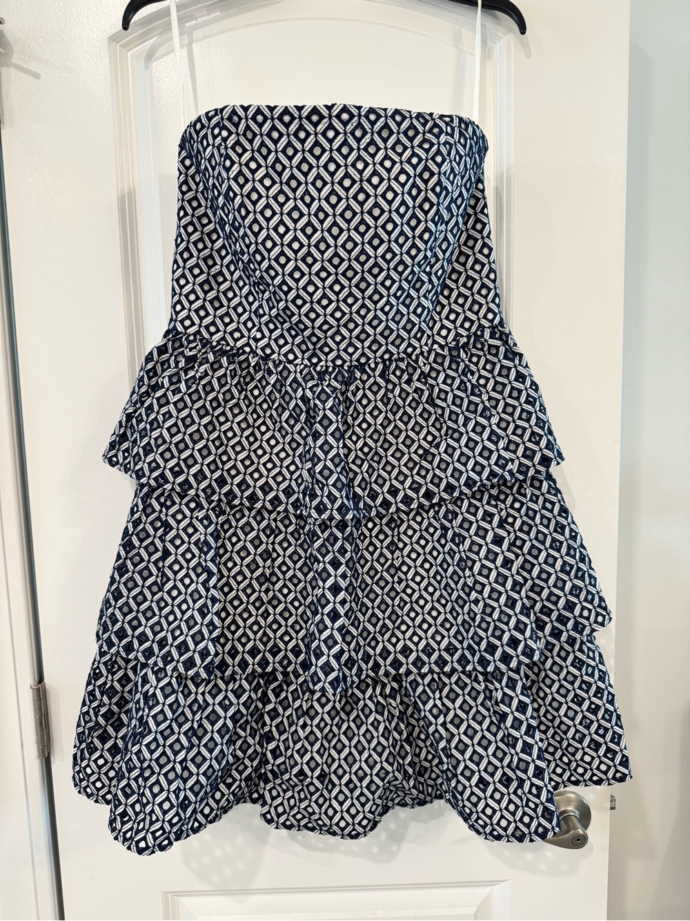 Strapless Navy & White Eyelet Geometric Tiered Dress
